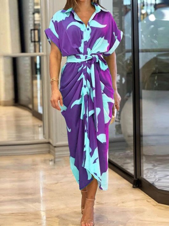 Women Floral Half Sleeve Summer Printing Dress Shirt Collar Daily Vintage Maxi Hip Skirt A-Line Dress