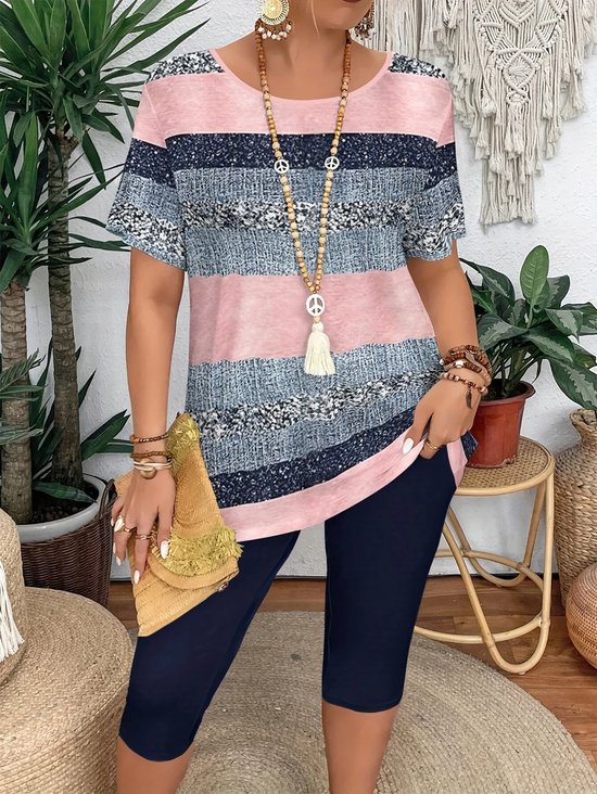 Women Abstract Printing Two-Piece Set Daily Short Sleeve Casual Summer Top With Pants Matching Set