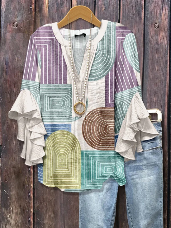Women Abstract Half Sleeve Shirt Summer Printing V Neck Daily Casual Top