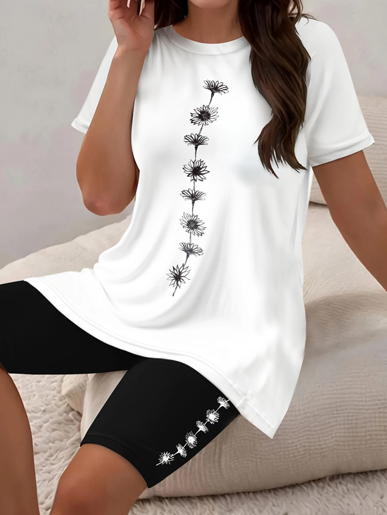 Women Floral Printing Two-Piece Set Daily Short Sleeve Casual Summer Top With Pants Matching Set