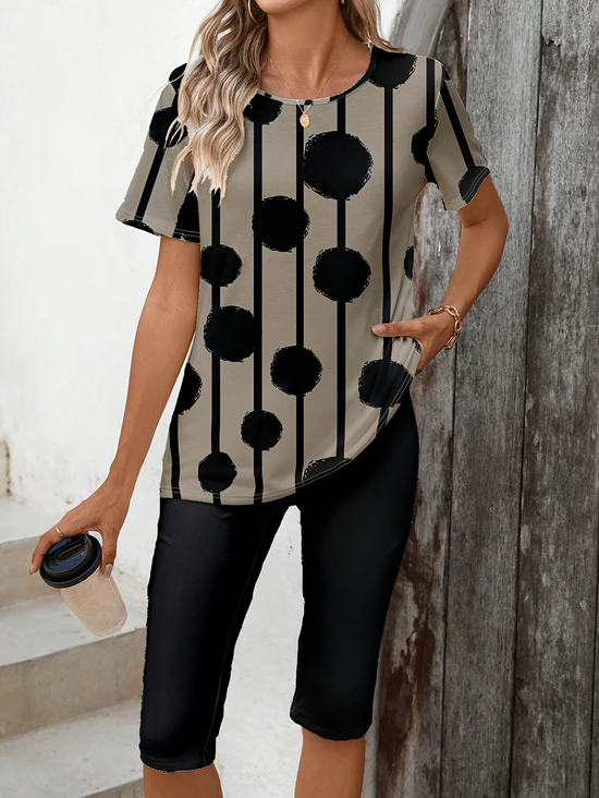 Women Polka Dots Printing Two-Piece Set Daily Short Sleeve Casual Summer Top With Pants Matching Set