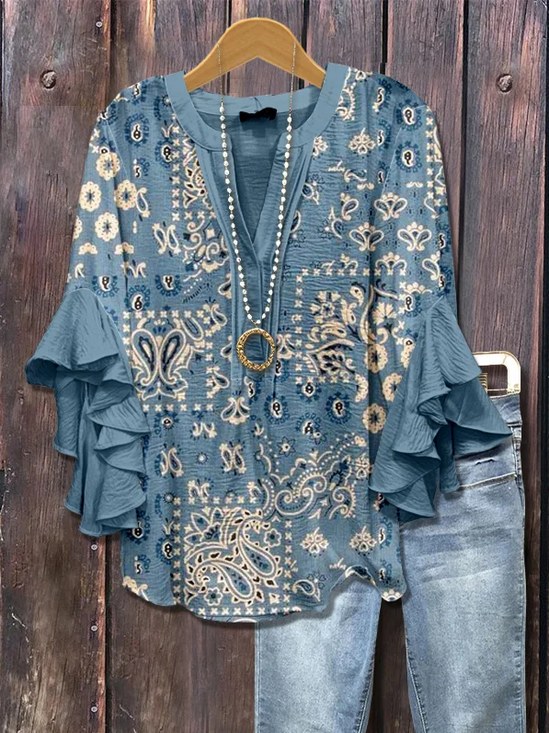 Women Floral Half Sleeve Shirt Summer Printing V Neck Daily Casual Top