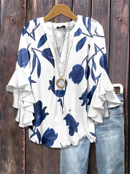 Women Floral Half Sleeve Shirt Summer Printing V Neck Daily Casual Top