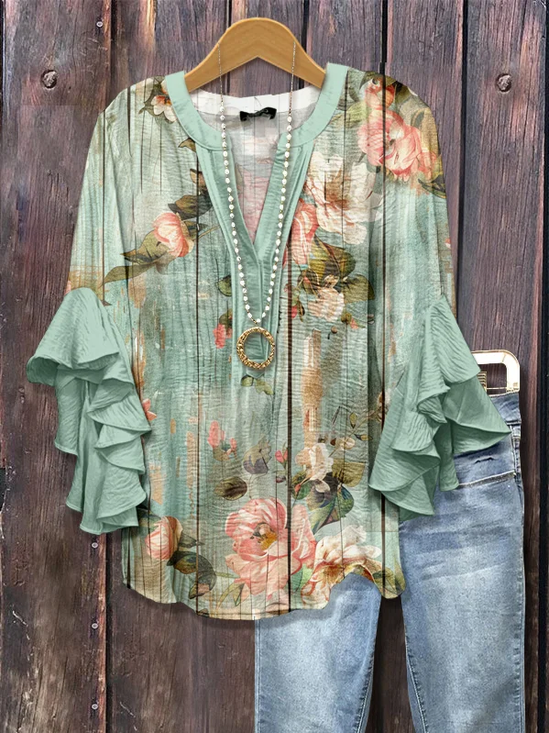 Women Floral Half Sleeve Shirt Summer Printing V Neck Daily Casual Top