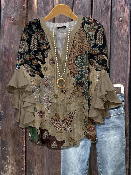 Women Floral Half Sleeve Shirt Summer Printing V Neck Daily Casual Top