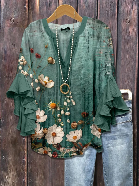 Women Floral Half Sleeve Shirt Summer Printing V Neck Daily Casual Top