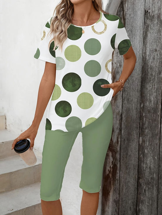 Women Polka Dots Printing Two-Piece Set Daily Short Sleeve Casual Summer Top With Pants Matching Set