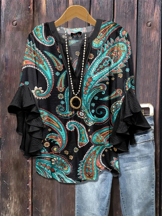 Women Paisley Half Sleeve Shirt Summer Printing V Neck Daily Casual Top