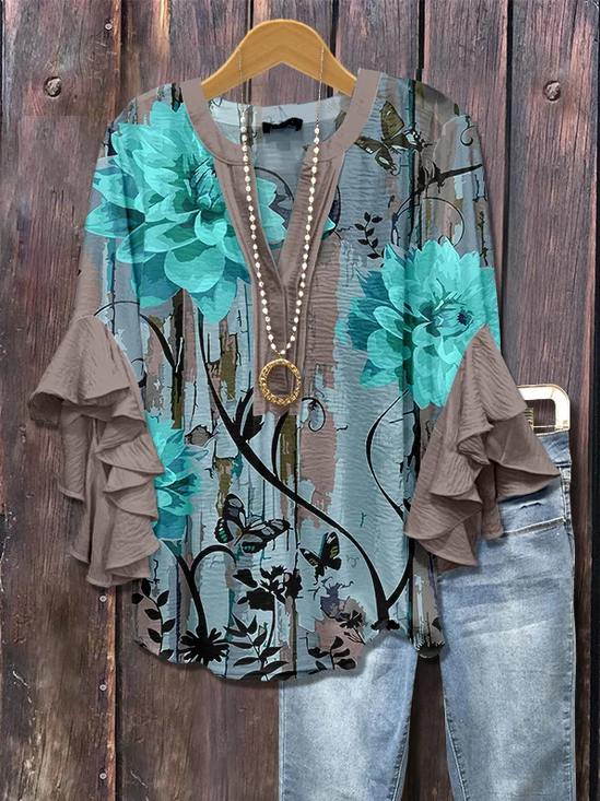Women Floral Half Sleeve Shirt Summer Printing V Neck Daily Casual Top