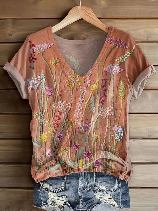 Women Floral Short Sleeve Tee T-shirt V Neck Printing Casual Summer Graphic Tee Top