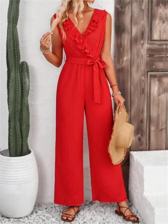 Women Plain V Neck Sleeveless Casual Summer Jumpsuit