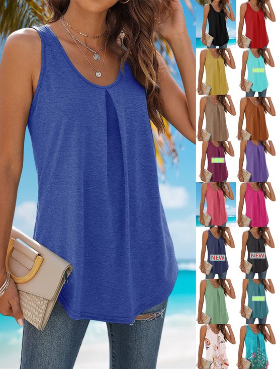 Women Sleeveless Tank Top Camisole Summer Plain Ruched Crew Neck Daily Sports Top