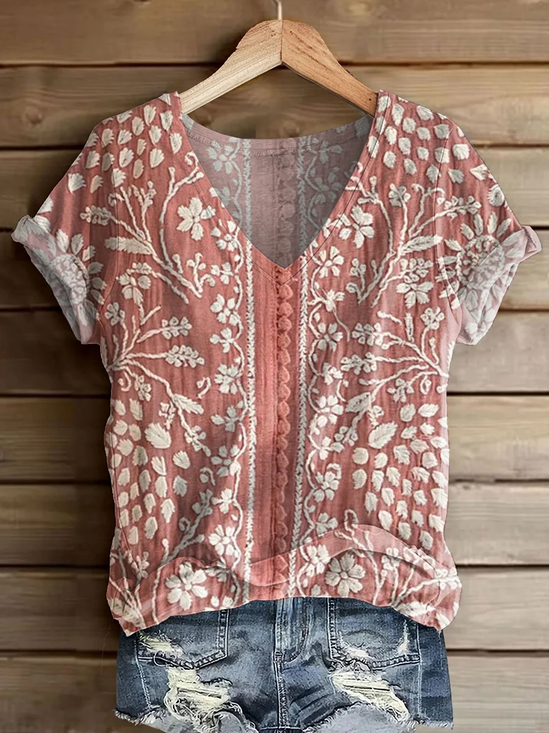 Women Floral Short Sleeve Tee T-shirt V Neck Printing Casual Summer Graphic Tee Top