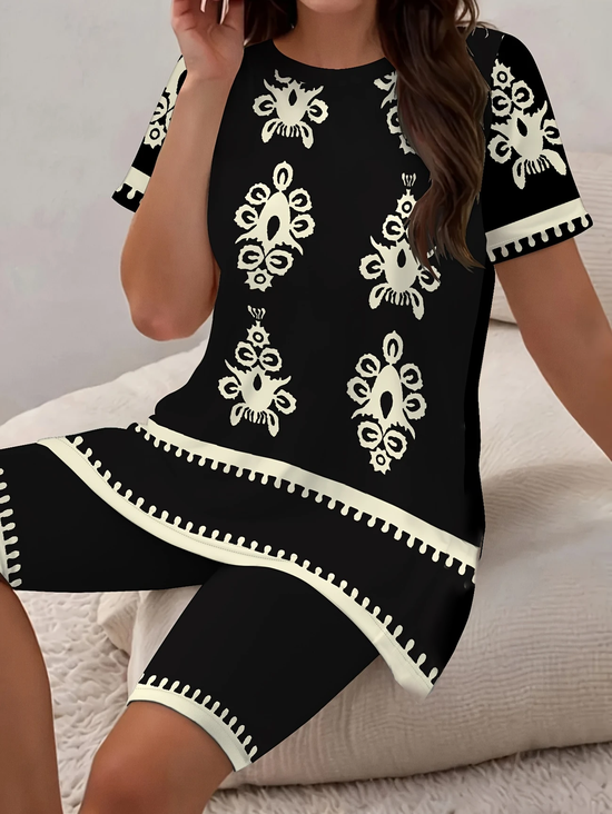 Women Abstract Printing Two-Piece Set Daily Short Sleeve Casual Summer Top With Pants Matching Set