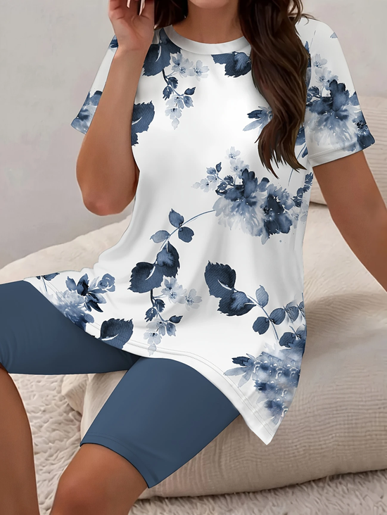 Women Floral Printing Two-Piece Set Daily Short Sleeve Casual Summer Top With Pants Matching Set