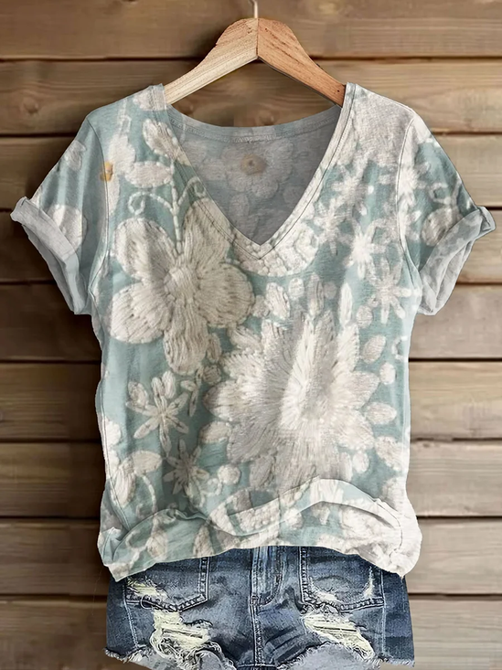 Women Floral Short Sleeve Tee T-shirt V Neck Printing Casual Summer Graphic Tee Top