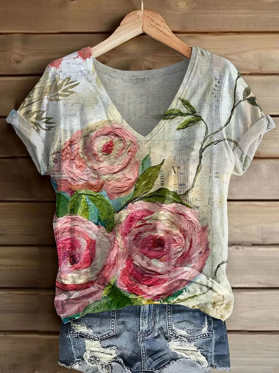 Women Floral Short Sleeve Tee T-shirt V Neck Printing Casual Summer Graphic Tee Top
