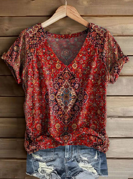 Women Floral Short Sleeve Tee T-shirt V Neck Printing Casual Summer Graphic Tee Top