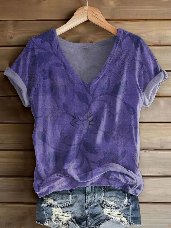 Women Floral Short Sleeve Tee T-shirt V Neck Printing Casual Summer Graphic Tee Top