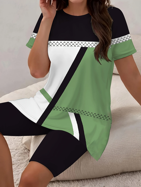 Women Abstract Printing Two-Piece Set Daily Short Sleeve Casual Summer Top With Pants Matching Set