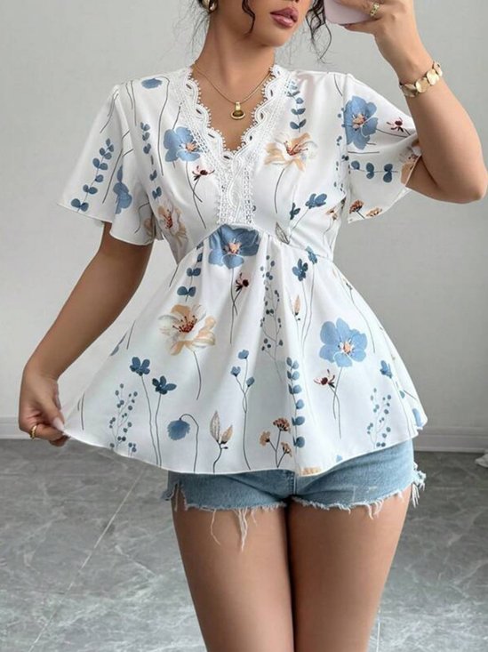 Women Plain Short Sleeve Tee T-shirt V Neck Embroidery Casual Summer Tunic Top