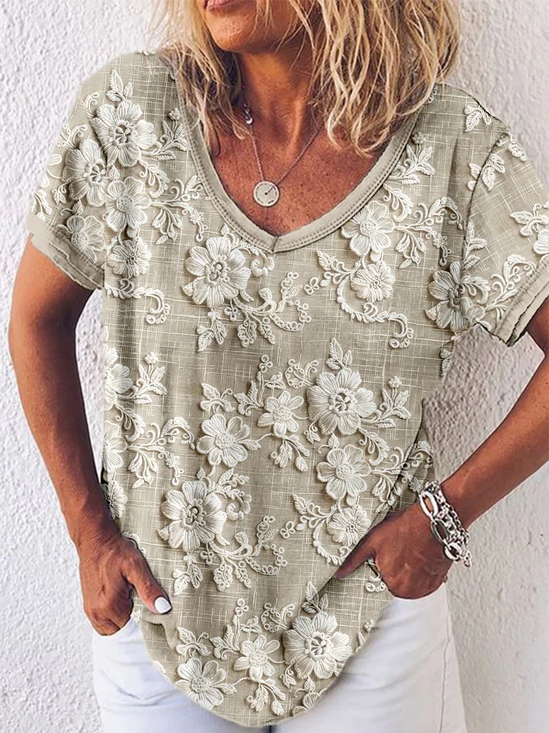 Women Floral Short Sleeve Tee T-shirt V Neck Printing Casual Summer Graphic Tee Top