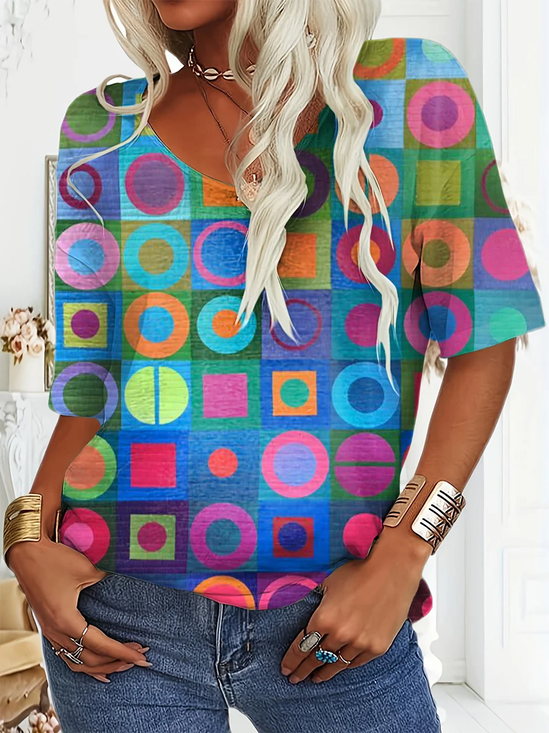 Women Abstract Short Sleeve Tee T-shirt V Neck Printing Casual Summer Graphic Tee Top
