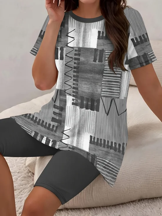 Women Abstract Printing Two-Piece Set Daily Short Sleeve Casual Summer Top With Pants Matching Set