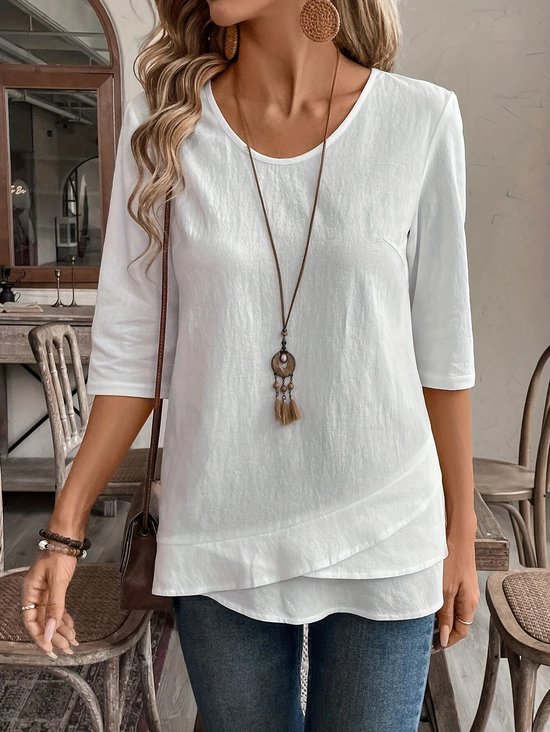 Women Plain Three Quarter Sleeve Shirt Spring/Fall Crew Neck Daily Casual Top
