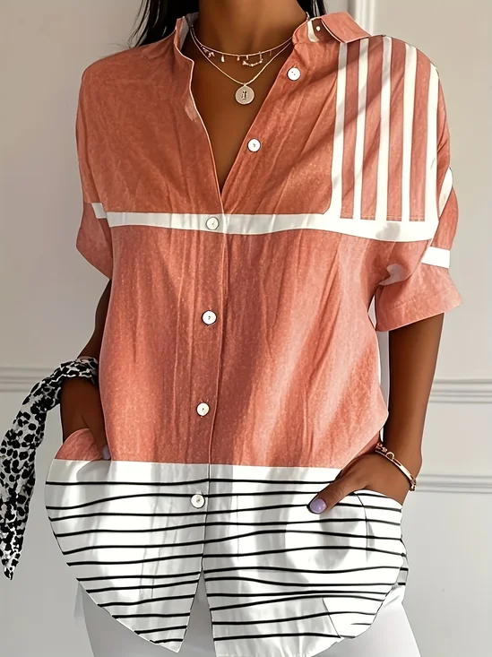 Women Striped Short Sleeve Shirt Summer Printing Shirt Collar Daily Casual Top