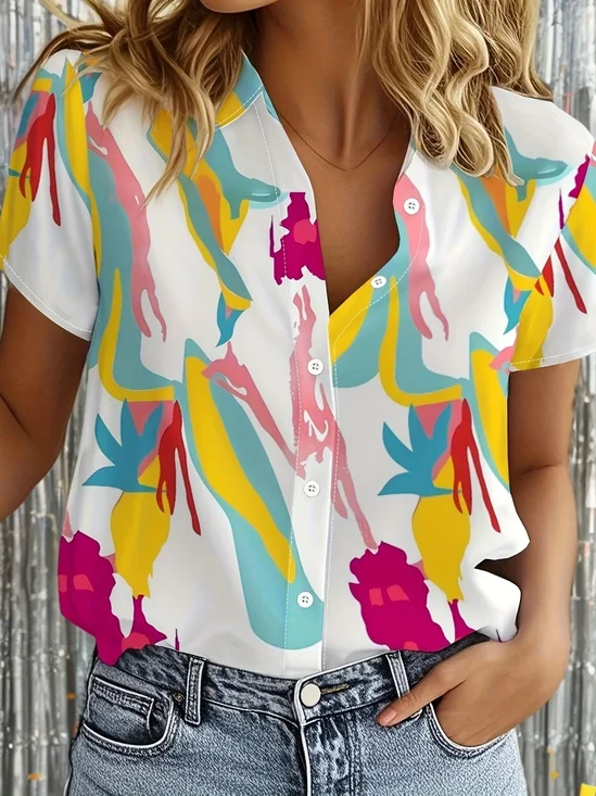 Women Abstract Short Sleeve Shirt Summer Printing Shirt Collar Daily Casual Top