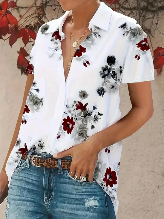 Women Floral Short Sleeve Shirt Summer Printing Shirt Collar Daily Casual Top