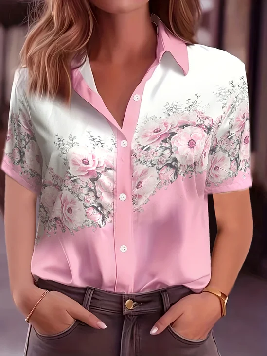 Women Floral Short Sleeve Shirt Summer Printing Shirt Collar Daily Casual Top