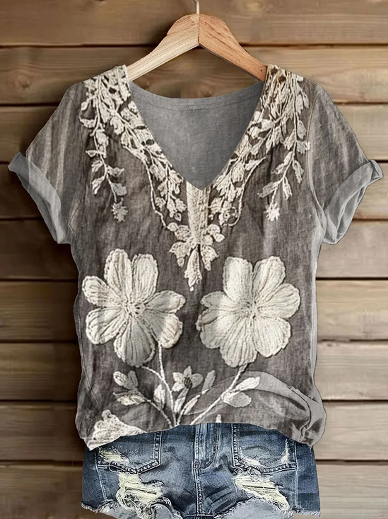 Women Floral Short Sleeve Tee T-shirt V Neck Printing Casual Summer Graphic Tee Top
