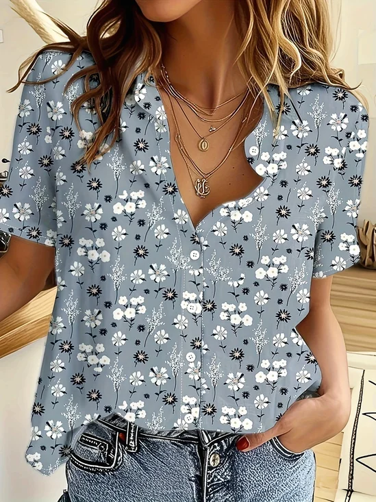 Women Floral Short Sleeve Shirt Summer Printing Shirt Collar Daily Casual Top