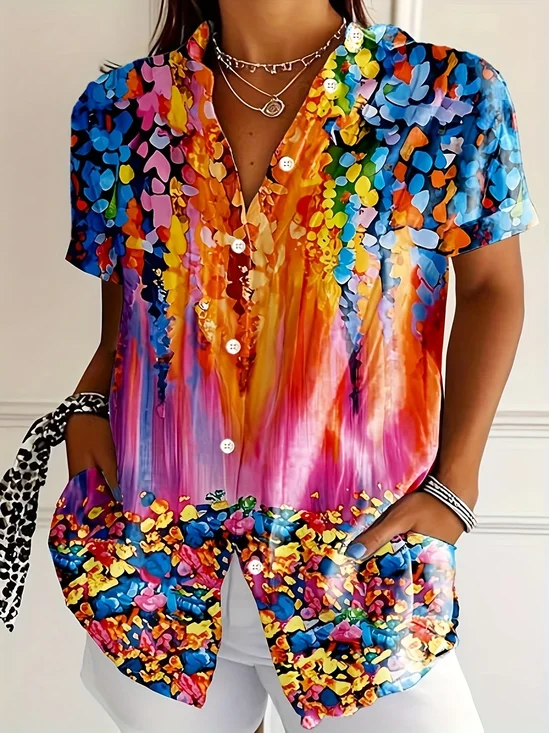 Women Abstract Short Sleeve Shirt Summer Printing Shirt Collar Daily Casual Top