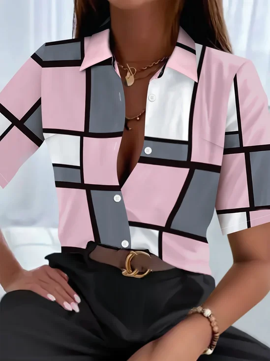 Women Plaid Short Sleeve Shirt Summer Printing Shirt Collar Daily Casual Top