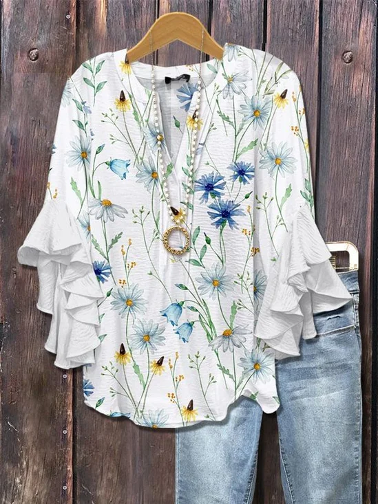 Women Floral Half Sleeve Shirt Summer Printing V Neck Daily Casual Top