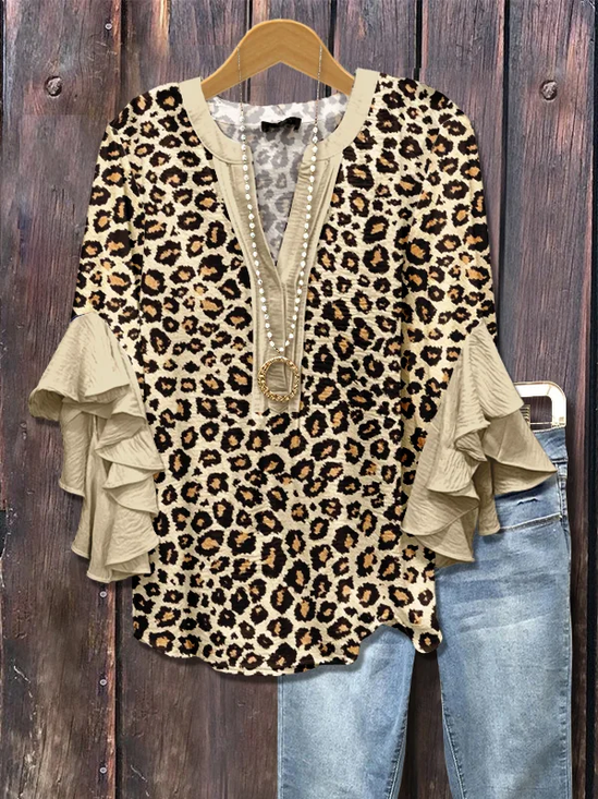 Women Leopard Half Sleeve Shirt Summer Printing V Neck Daily Casual Top