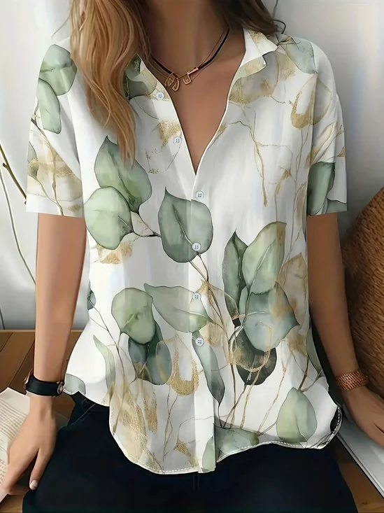 Women Floral Short Sleeve Shirt Summer Printing Shirt Collar Daily Casual Top