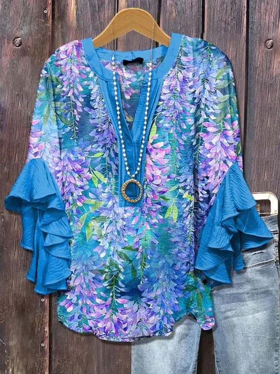 Women Floral Half Sleeve Shirt Summer Printing V Neck Daily Casual Top