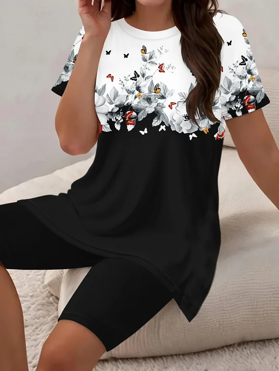 Women Floral Printing Two-Piece Set Daily Short Sleeve Casual Summer Top With Pants Matching Set