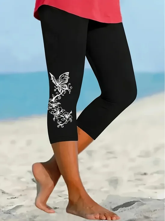 Women Floral Capris Elastic Waist Pants Casual Summer Trousers