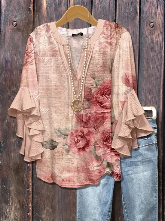 Women Floral Half Sleeve Shirt Summer Printing V Neck Daily Casual Top