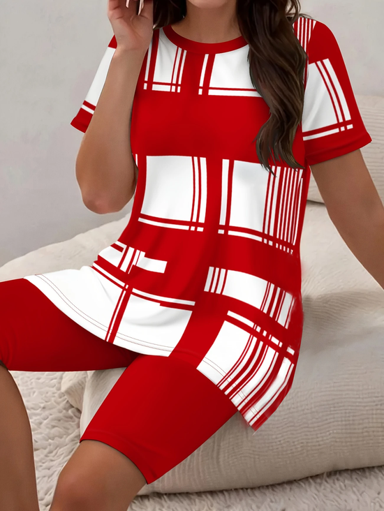Women Abstract Printing Two-Piece Set Daily Short Sleeve Casual Summer Top With Pants Matching Set