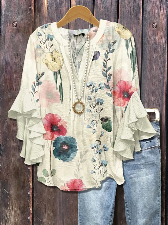 Women Floral Half Sleeve Shirt Summer Printing V Neck Daily Casual Top