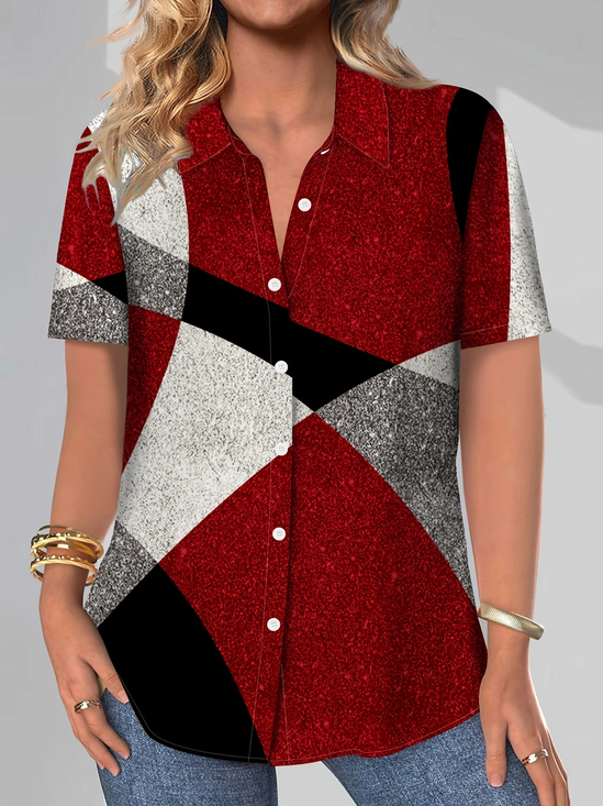 Women Geometric Short Sleeve Shirt Summer Printing Shirt Collar Daily Casual Top