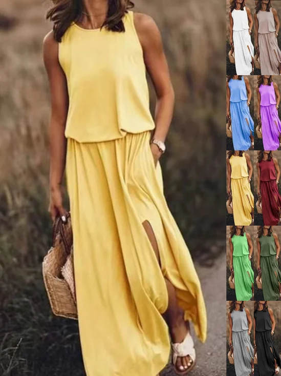 Women Plain Sleeveless Summer Split Joint Dress Crew Neck Daily Vintage Maxi Tank A-Line Dress