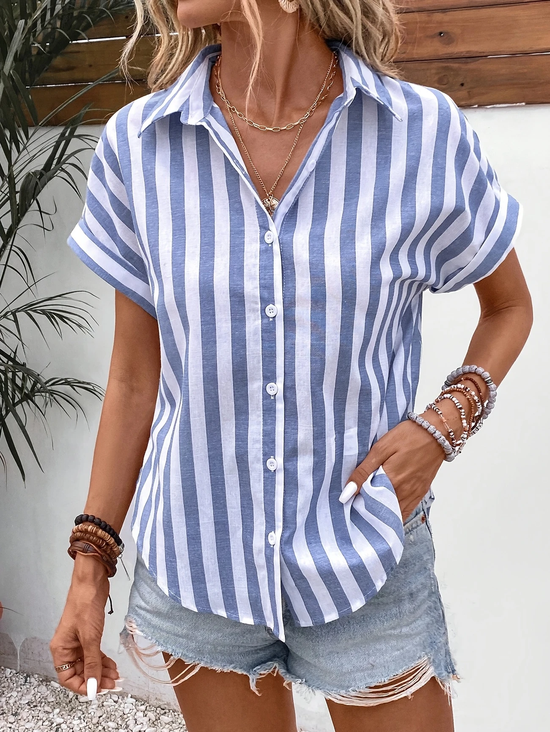 Women Striped Short Sleeve Shirt Summer Printing Shirt Collar Daily Casual Top