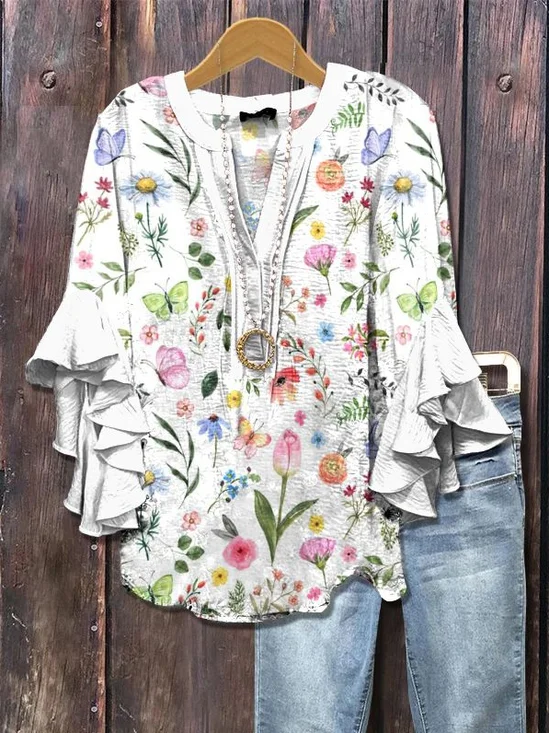 Women Floral Half Sleeve Shirt Summer Printing V Neck Daily Casual Top
